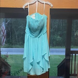 David's Bridal Strapless Aqua Dress